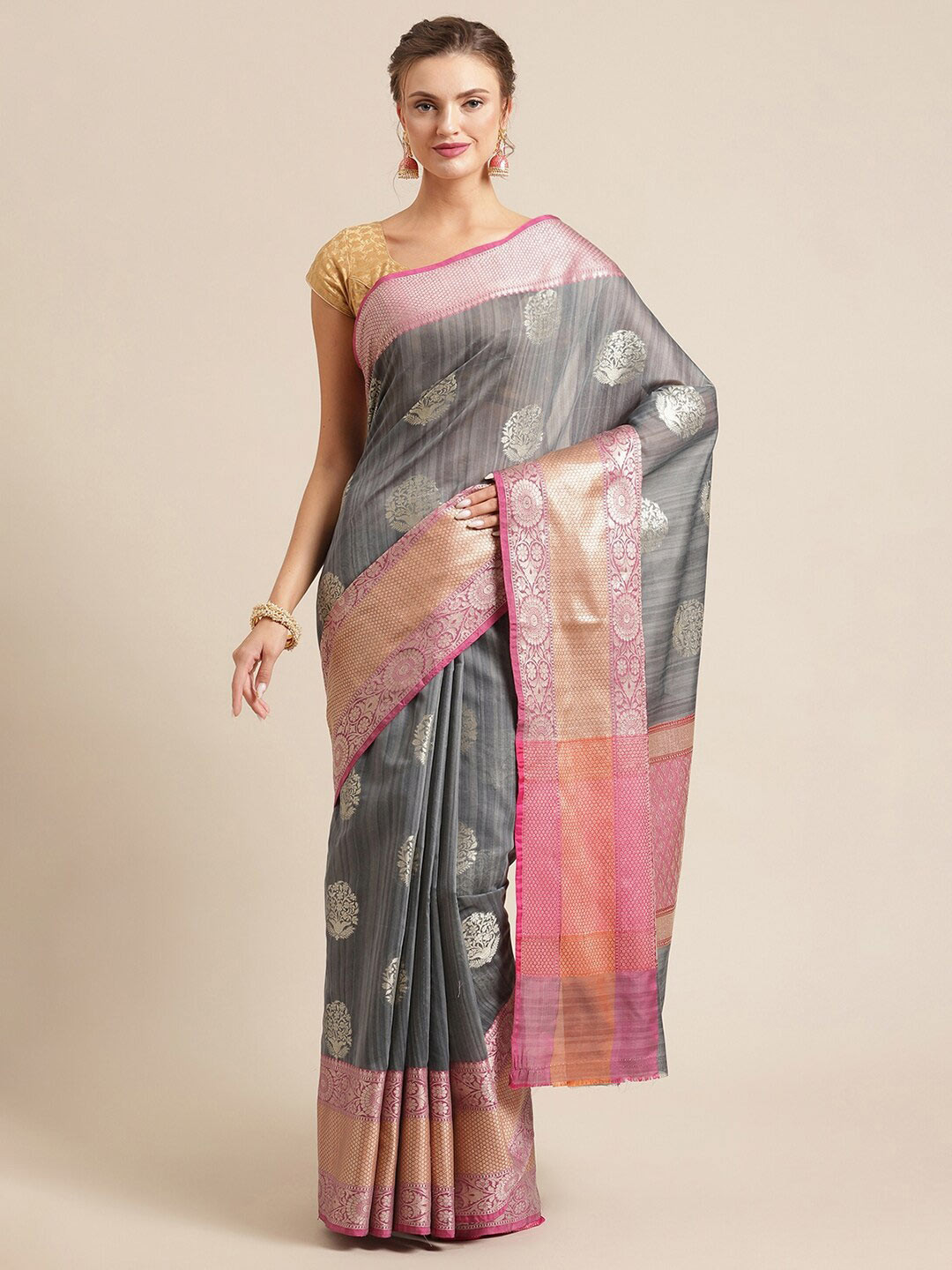 

PTIEPL Banarasi Silk Works Ethnic Motifs Woven Design Zari Saree, Grey