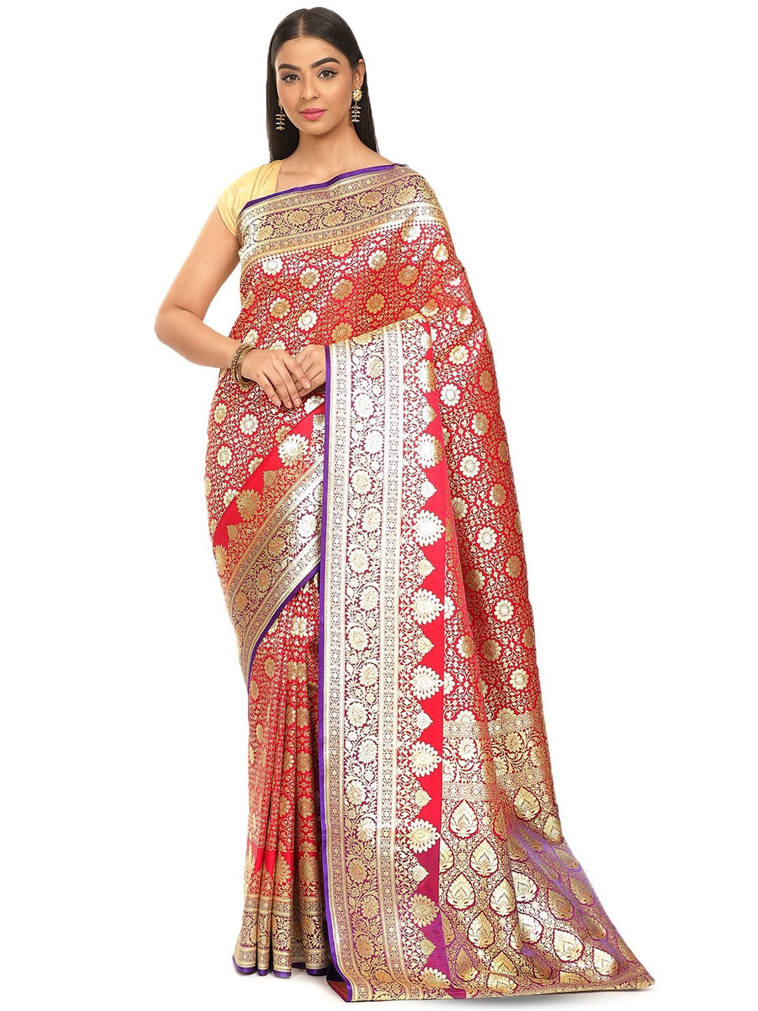 

PTIEPL Banarasi Silk Works Ethnic Motifs Woven Design Zari Satin Saree, Pink