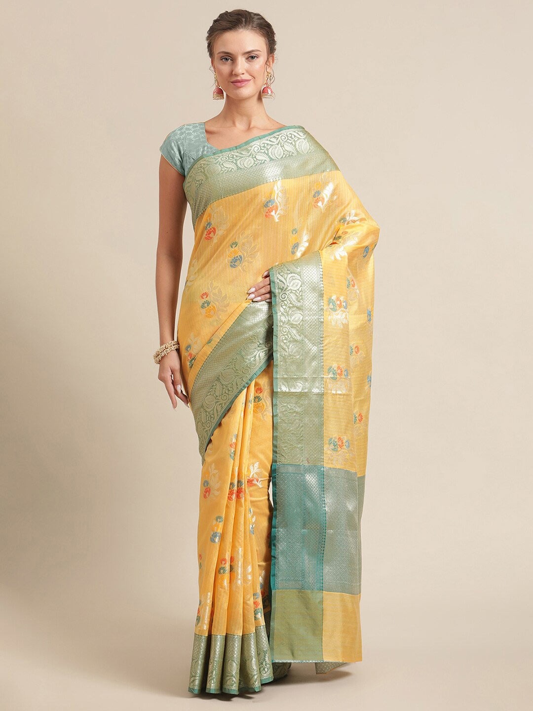 

PTIEPL Banarasi Silk Works Floral Woven Design Zari Saree, Gold