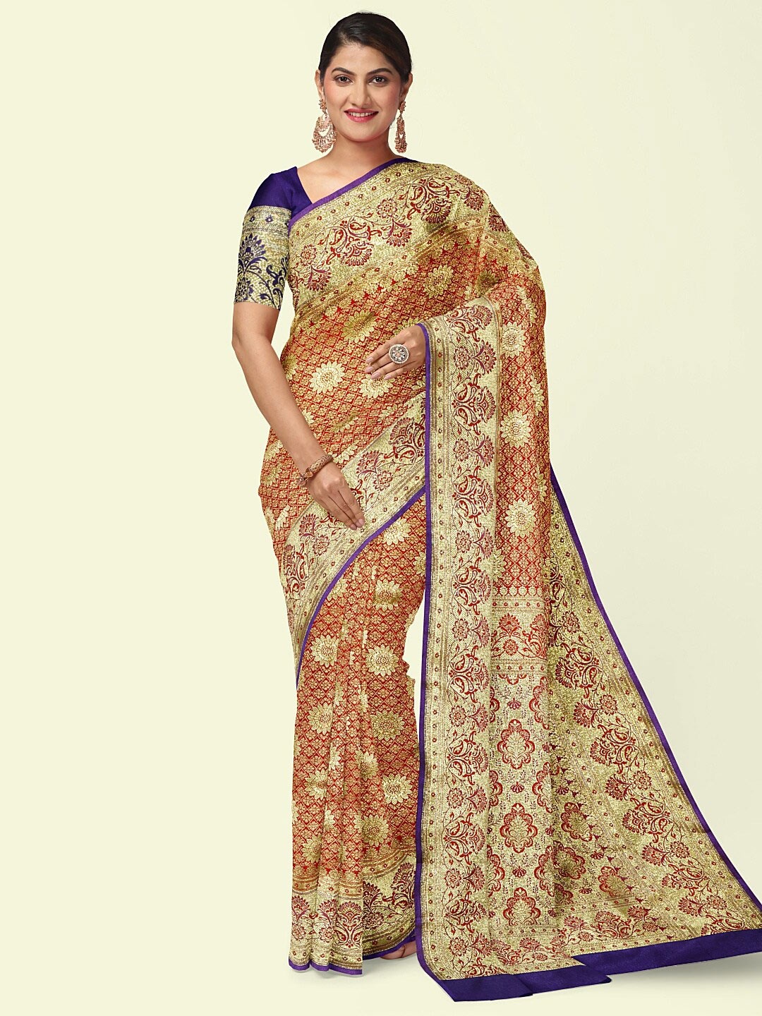 

PTIEPL Banarasi Silk Works Ethnic Motifs Woven Design Zari Satin Saree, Orange