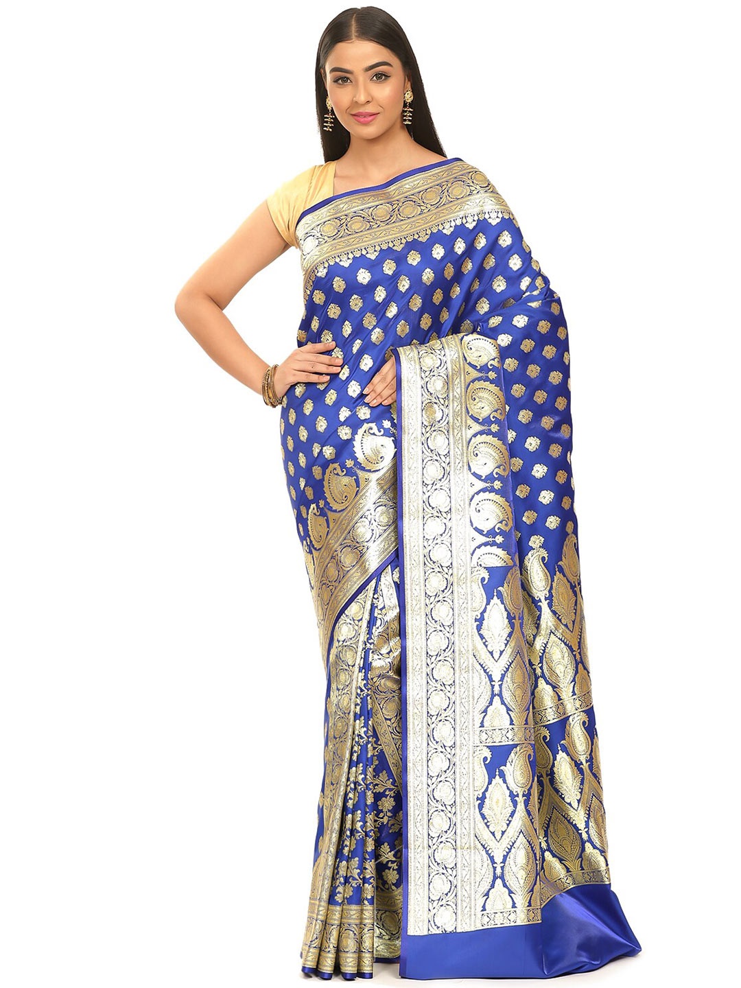 

PTIEPL Banarasi Silk Works Ethnic Motifs Woven Design Zari Satin Saree, Blue