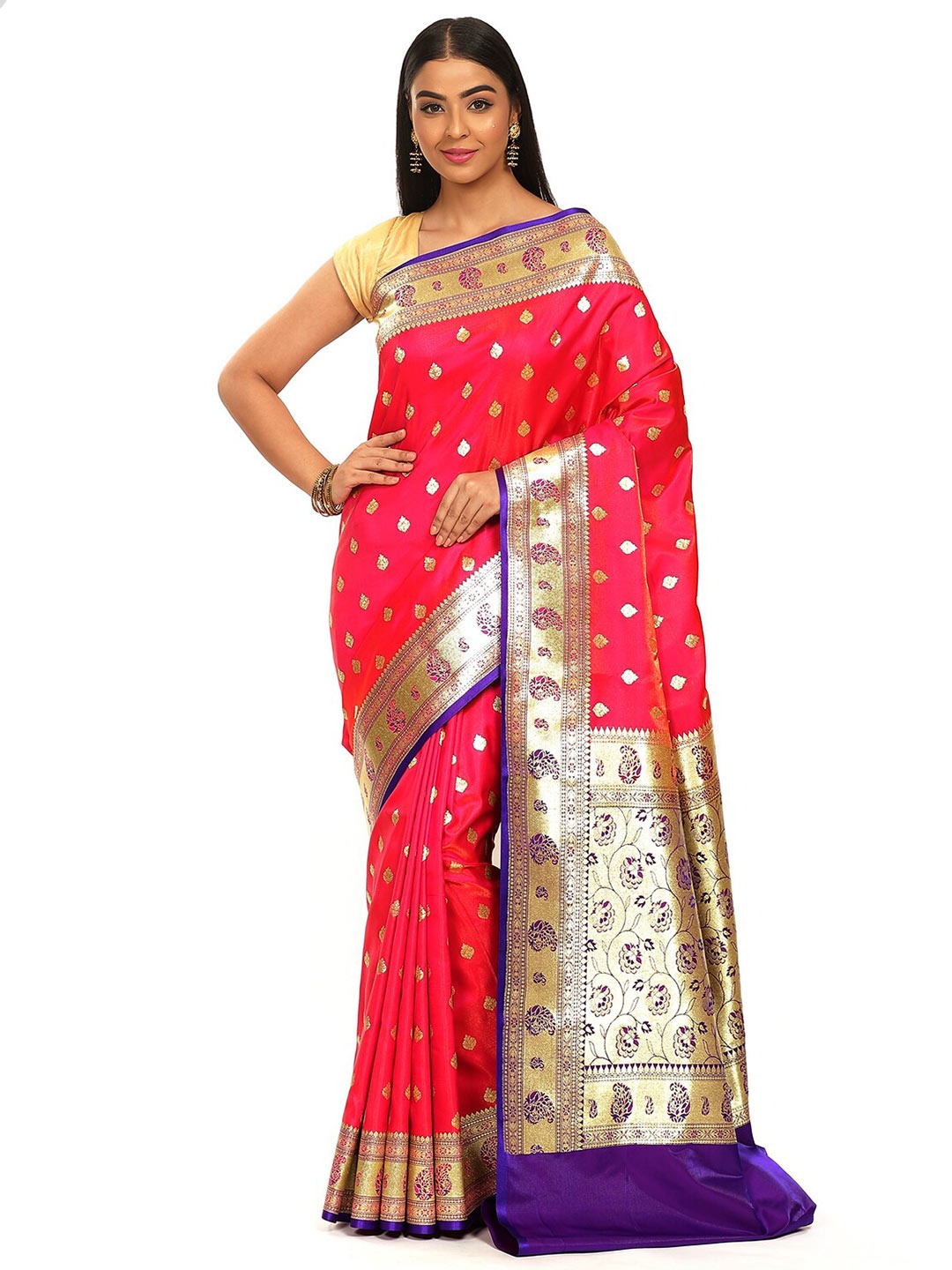 

PTIEPL Banarasi Silk Works Woven Design Zari Satin Banarasi Saree, Pink