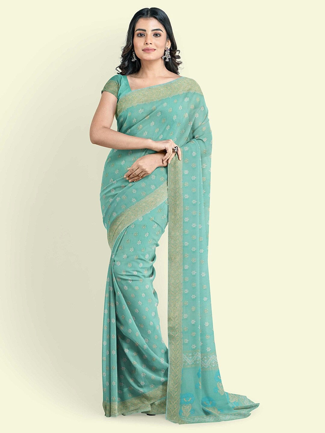 

PTIEPL Banarasi Silk Works Woven Design Zari Banarasi Saree, Sea green