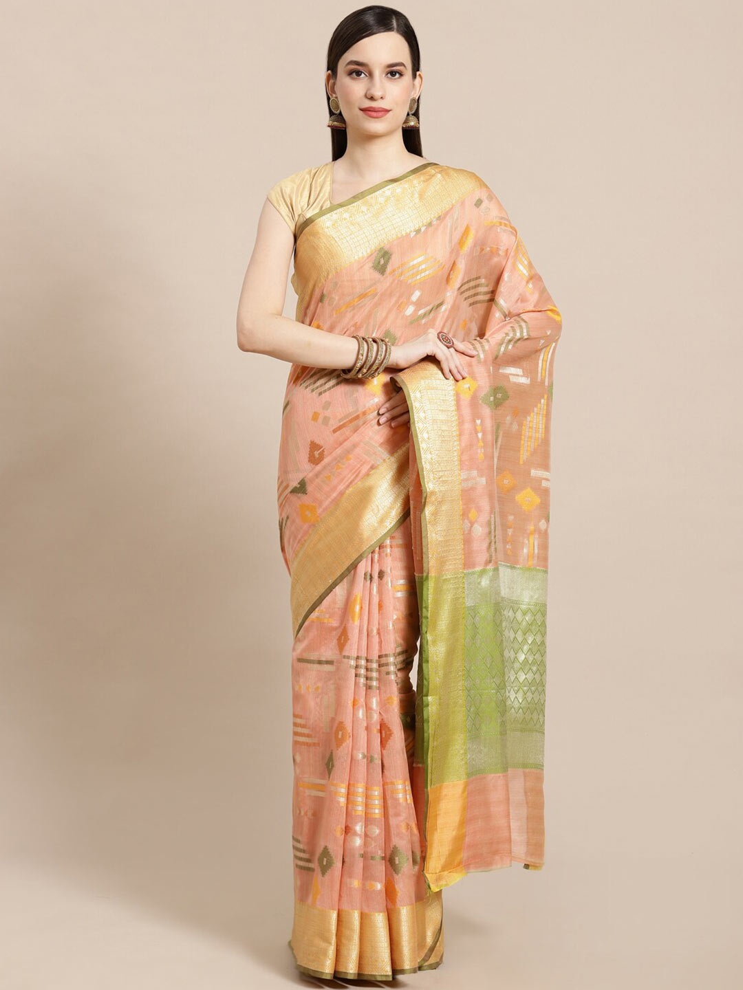 

PTIEPL Banarasi Silk Works Woven Design Zari Silk Blend Banarasi Saree, Peach