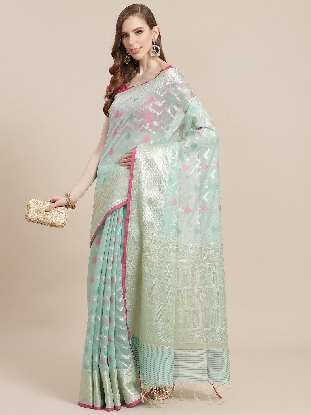

PTIEPL Banarasi Silk Works Woven Design Zari Banarasi Saree, Sea green