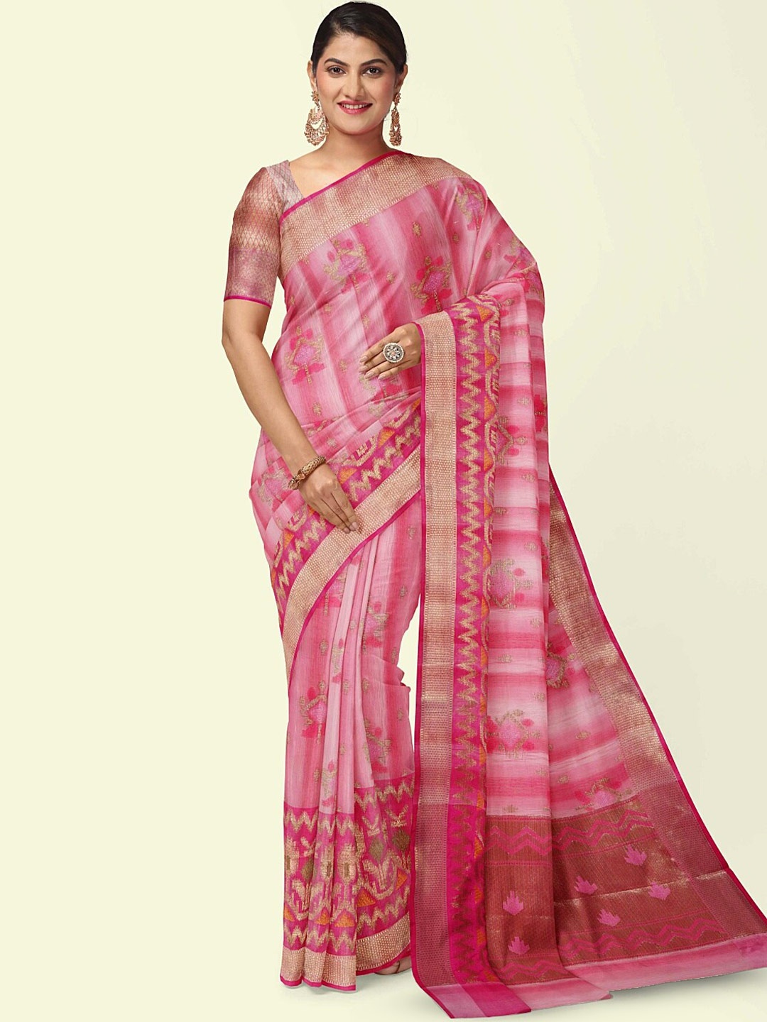 

PTIEPL Banarasi Silk Works Ethnic Motifs Zari Banarasi Saree, Pink