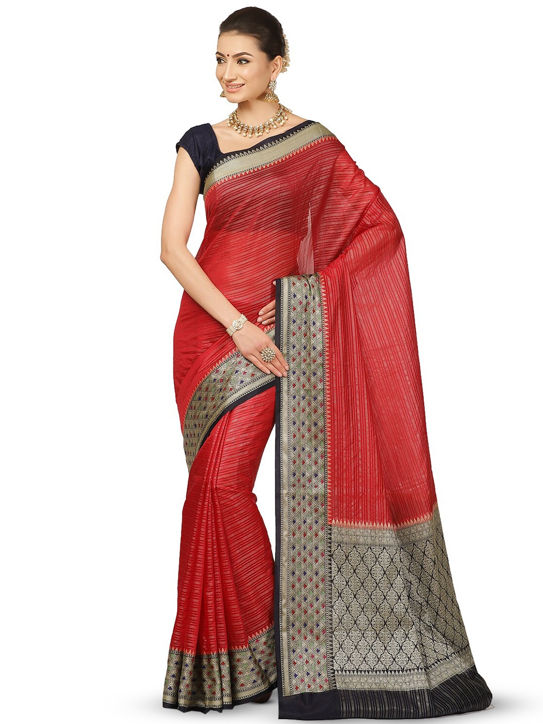 

PTIEPL Banarasi Silk Works Striped Zari Organza Banarasi Saree, Red