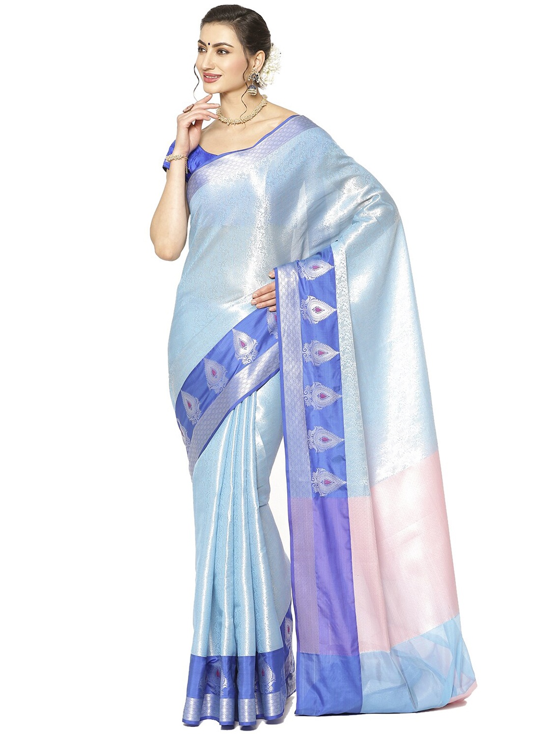 

PTIEPL Banarasi Silk Works Woven Design Zari Kanjeevaram Saree, Blue