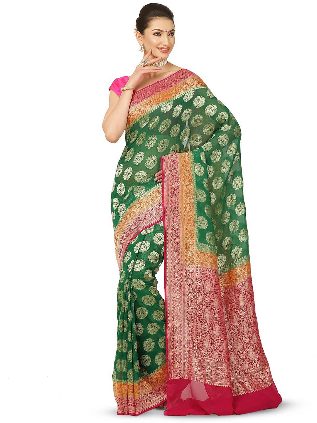 

PTIEPL Banarasi Silk Works Ethnic Motifs Zari Pure Georgette Banarasi Saree, Green