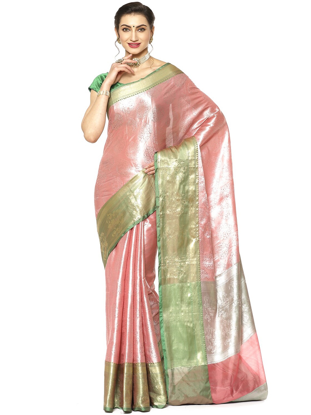 

PTIEPL Banarasi Silk Works Ethnic Motifs Woven Design Zari Kanjeevaram Saree, Pink