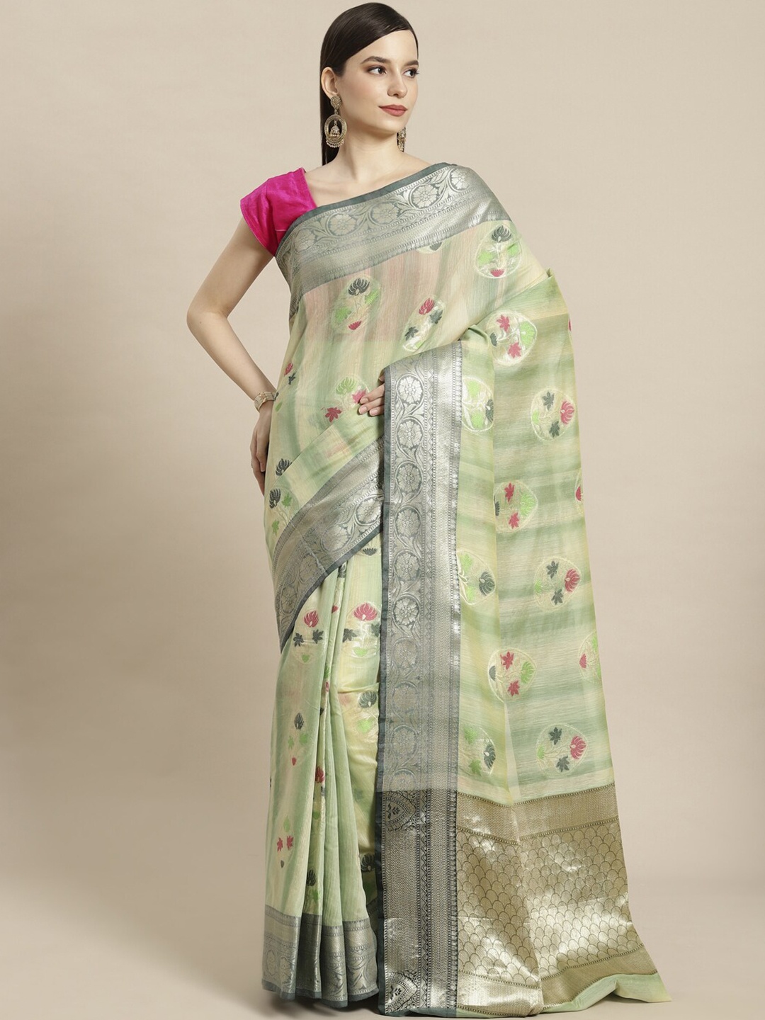 

PTIEPL Banarasi Silk Works Woven Design Zari Banarasi Saree, Sea green