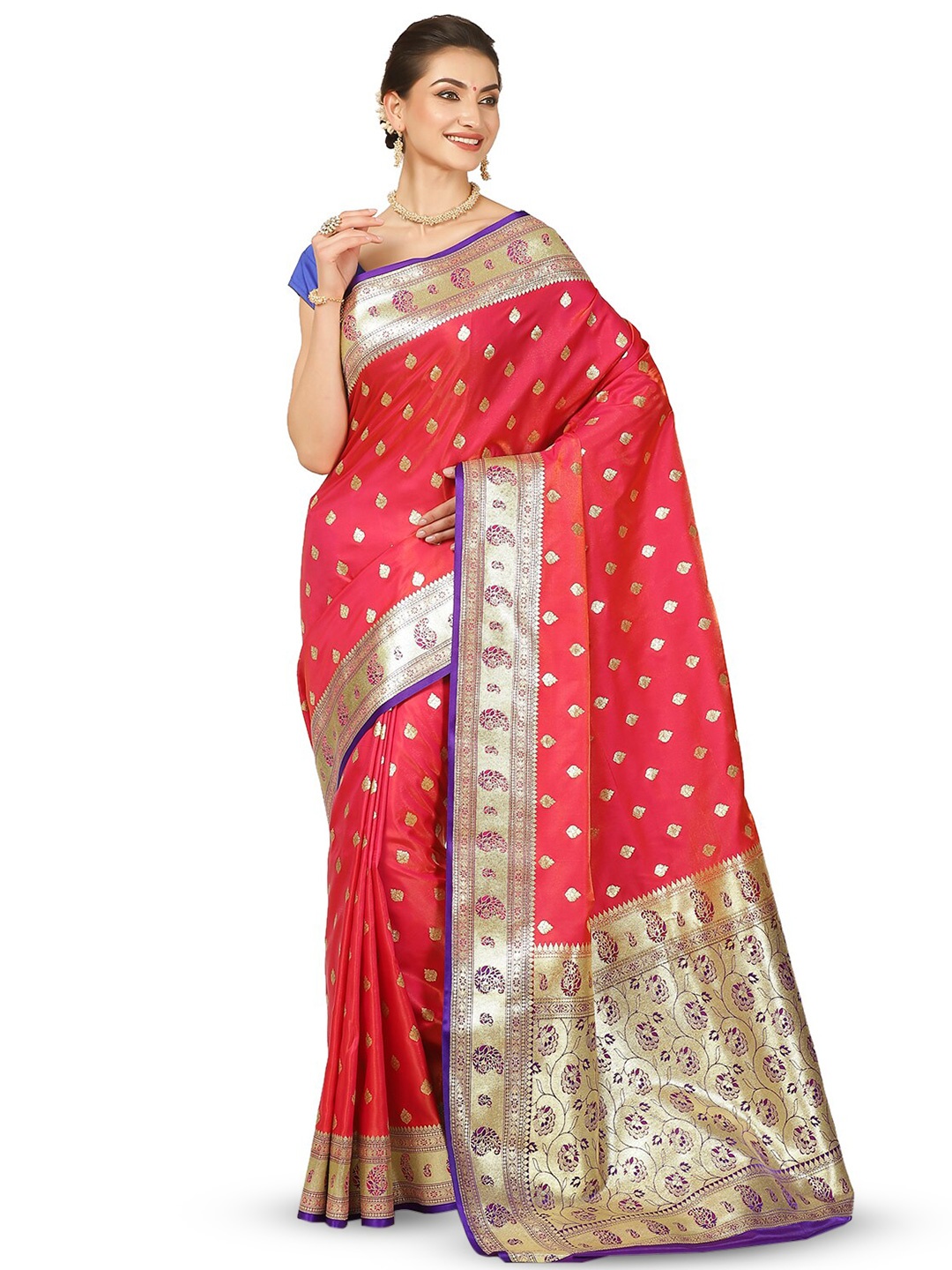 

PTIEPL Banarasi Silk Works Woven Design Zari Satin Banarasi Saree, Pink