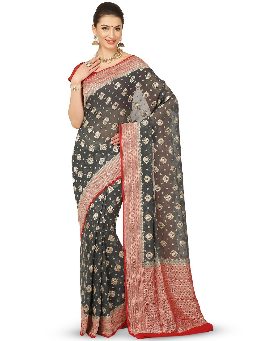 

PTIEPL Banarasi Silk Works Woven Design Zari Pure Georgette Banarasi Saree, Grey