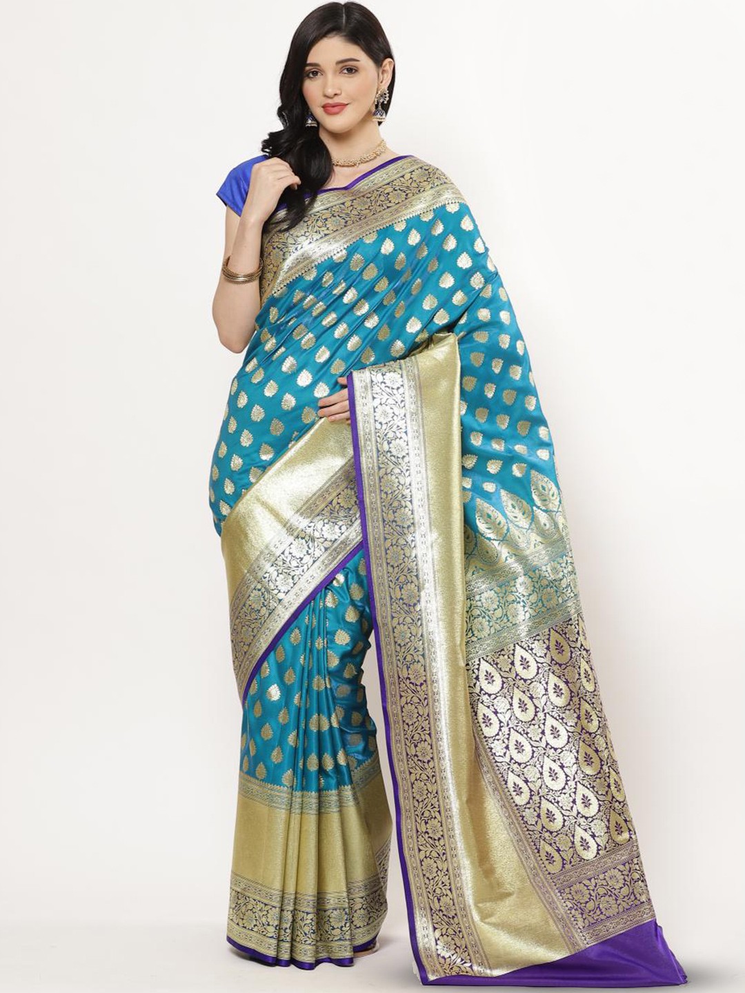 

PTIEPL Banarasi Silk Works Ethnic Motifs Zari Satin Banarasi Saree, Blue