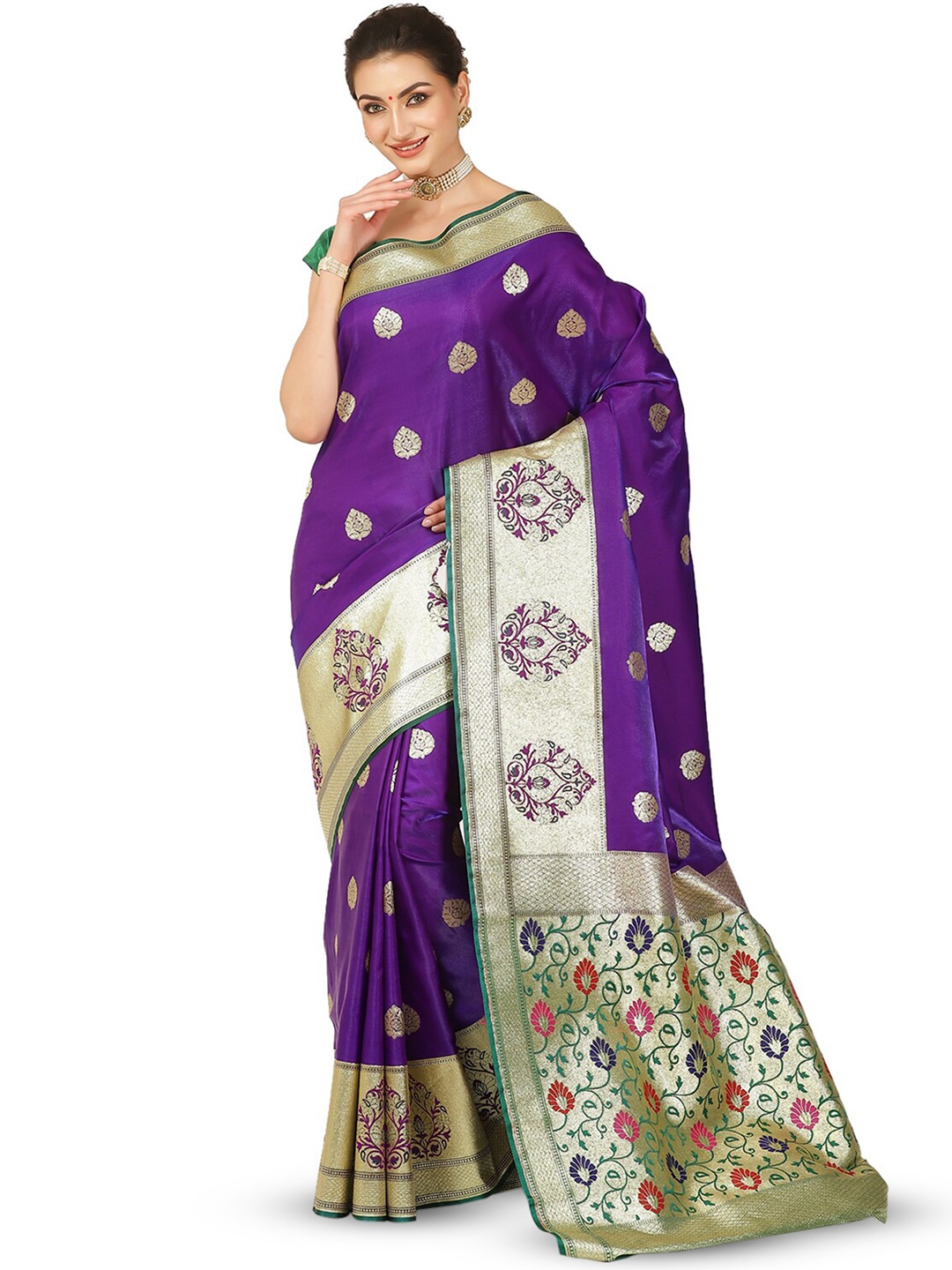 

PTIEPL Banarasi Silk Works Ethnic Motifs Zari Satin Banarasi Saree, Purple