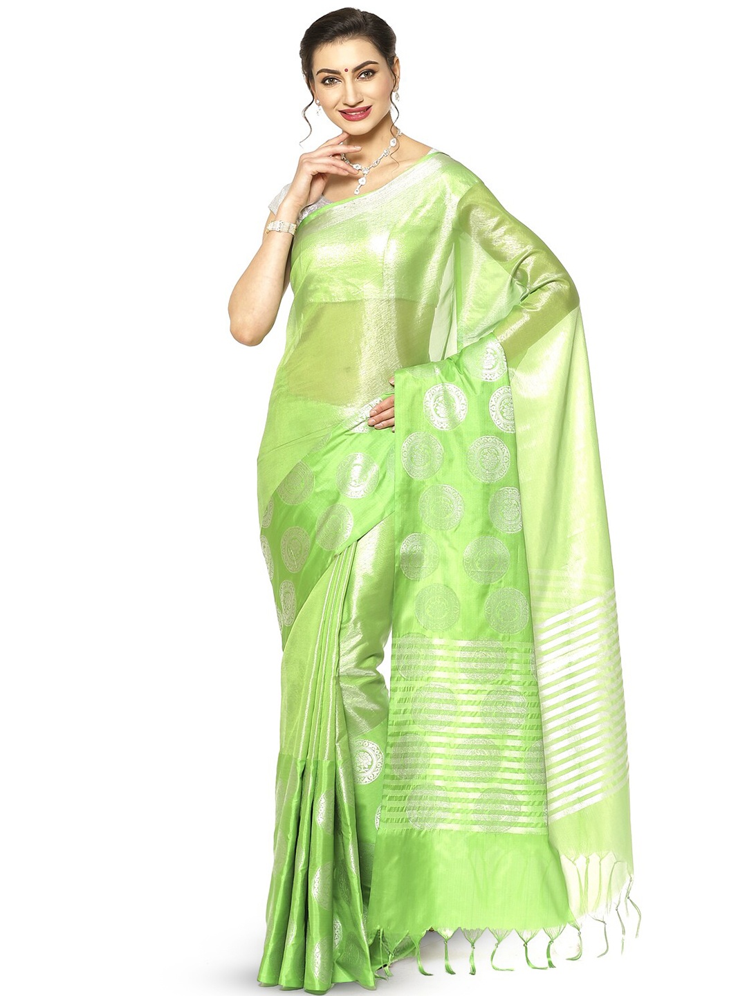 

PTIEPL Banarasi Silk Works Zari Kanjeevaram Saree, Green