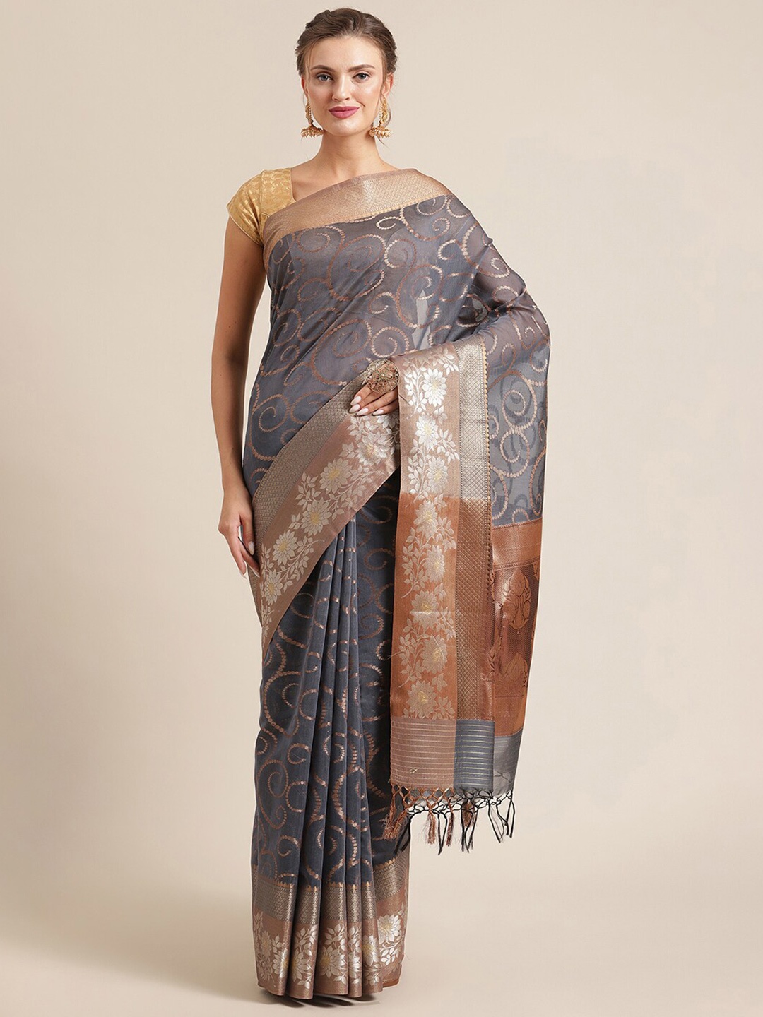 

PTIEPL Banarasi Silk Works Woven Design Zari Banarasi Saree, Grey