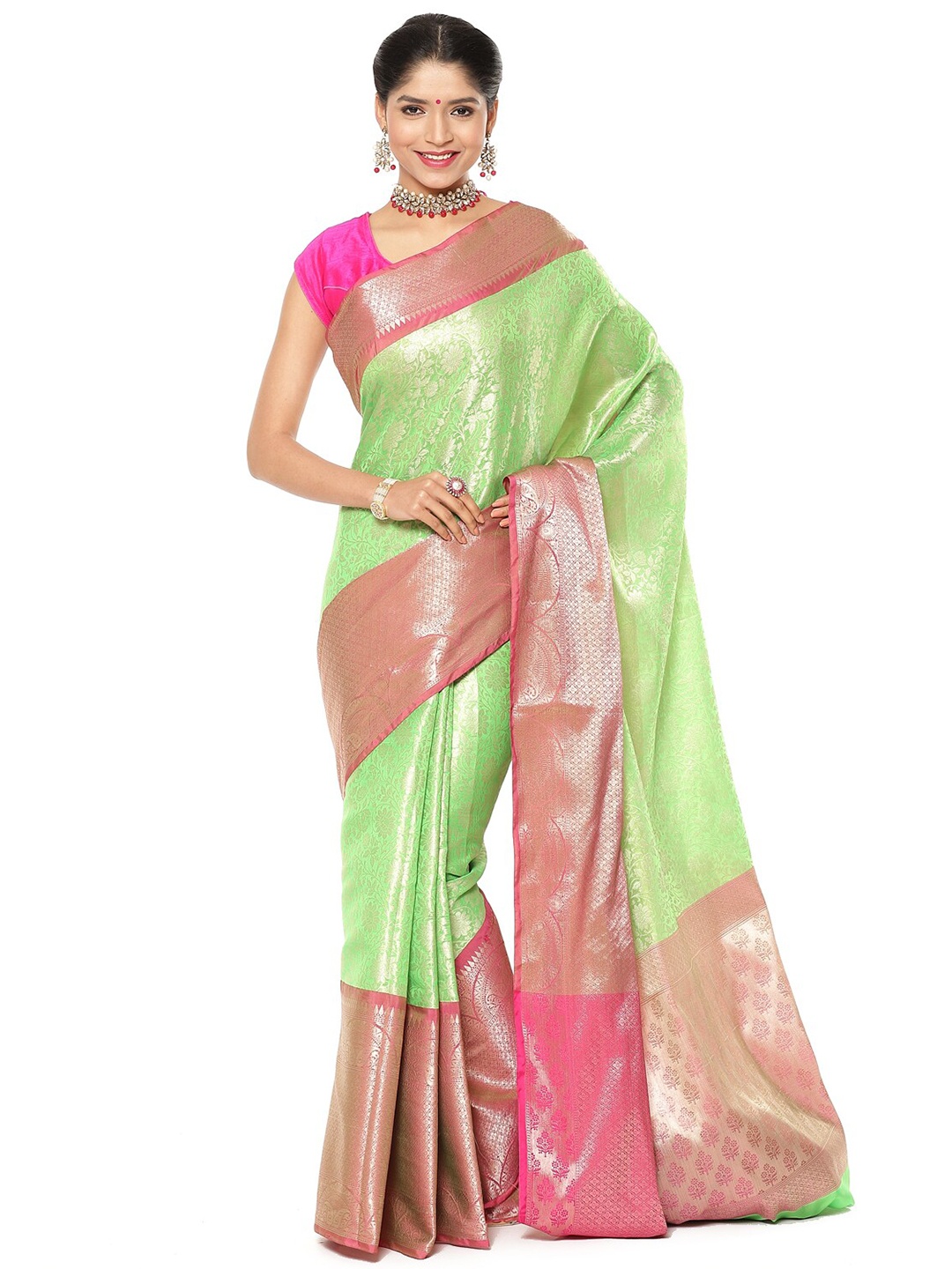 

PTIEPL Banarasi Silk Works Floral Woven Design Zari Banarasi Saree, Green