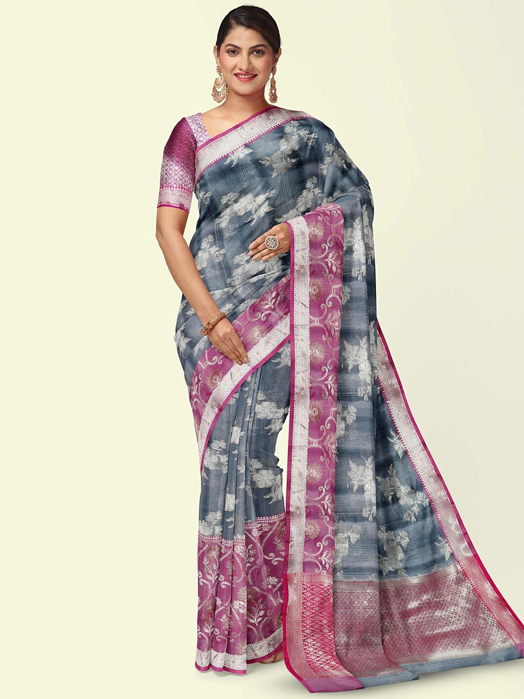 

PTIEPL Banarasi Silk Works Floral Zari Banarasi Saree, Grey