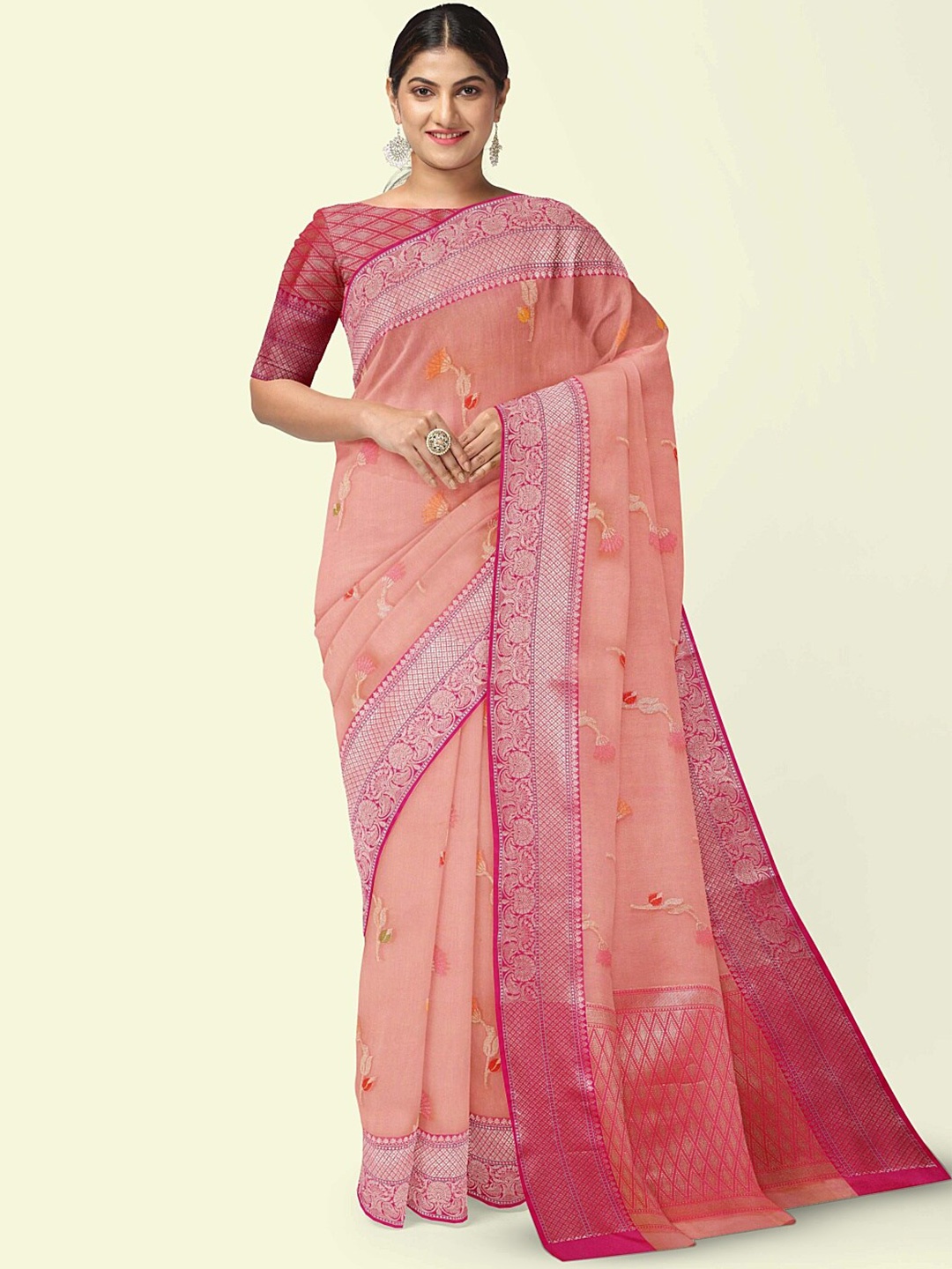PTIEPL Banarasi Silk Works Floral Zari Cotton Banarasi Saree, Pink