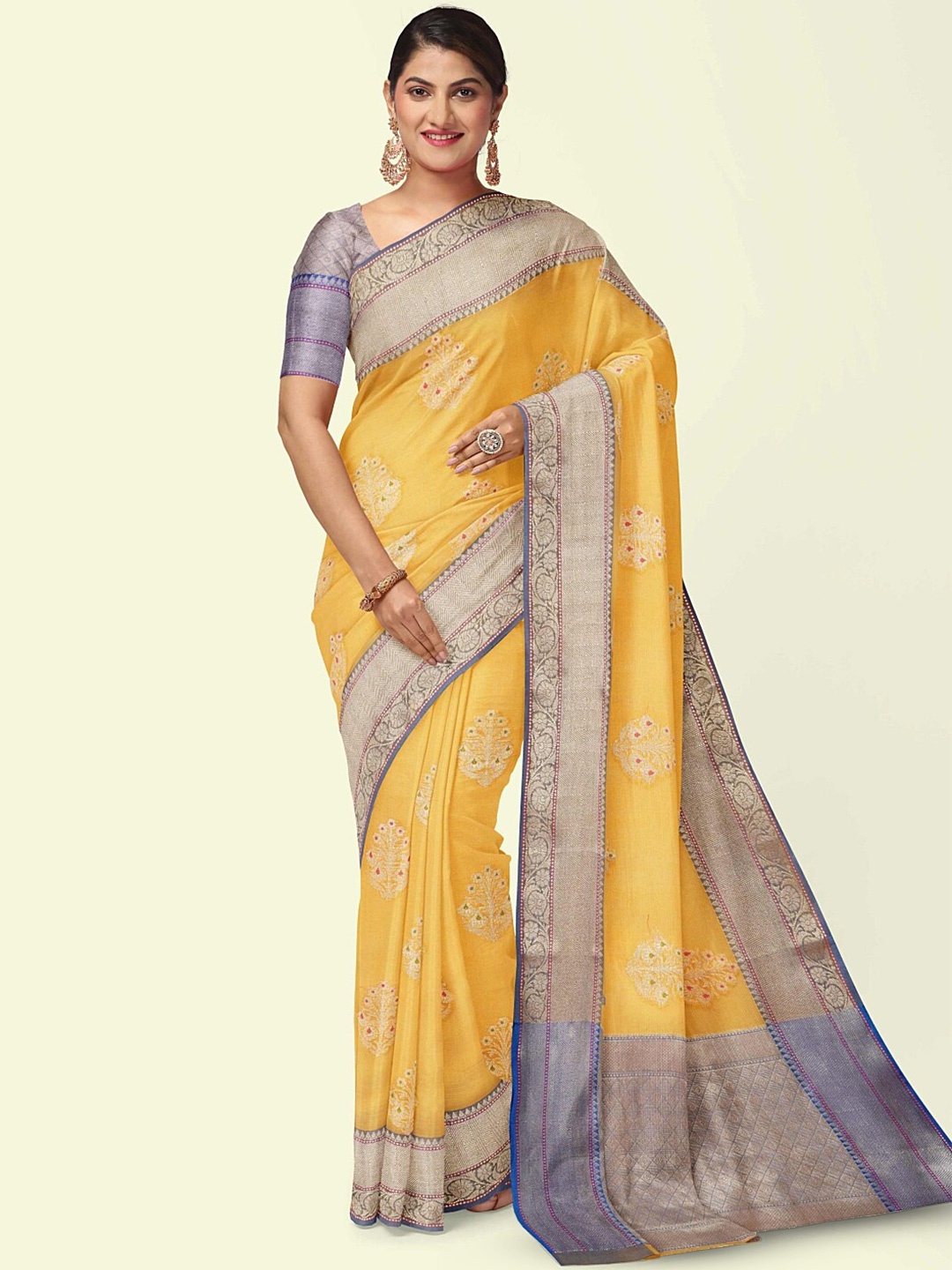 

PTIEPL Banarasi Silk Works Woven Design Zari Cotton Banarasi Saree, Yellow