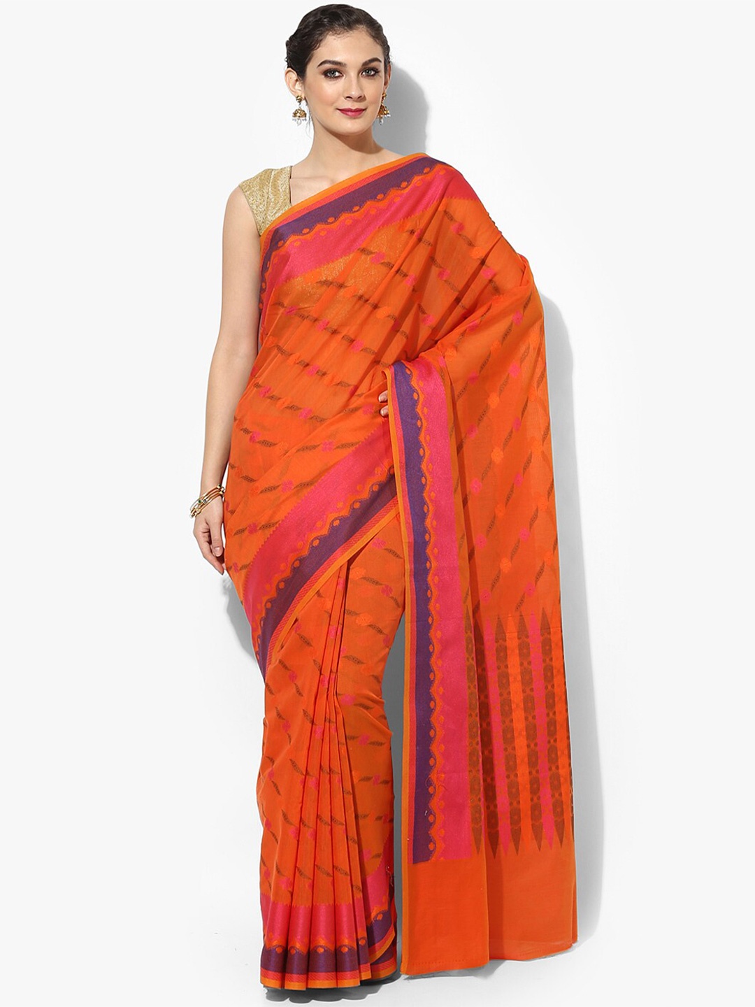 PTIEPL Banarasi Silk Works Floral Zari Banarasi Saree, Orange