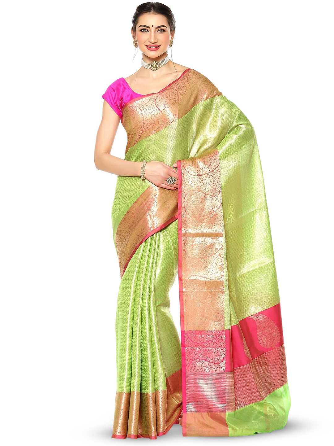 

PTIEPL Banarasi Silk Works Green & Pink Floral Zari Kanjeevaram Saree