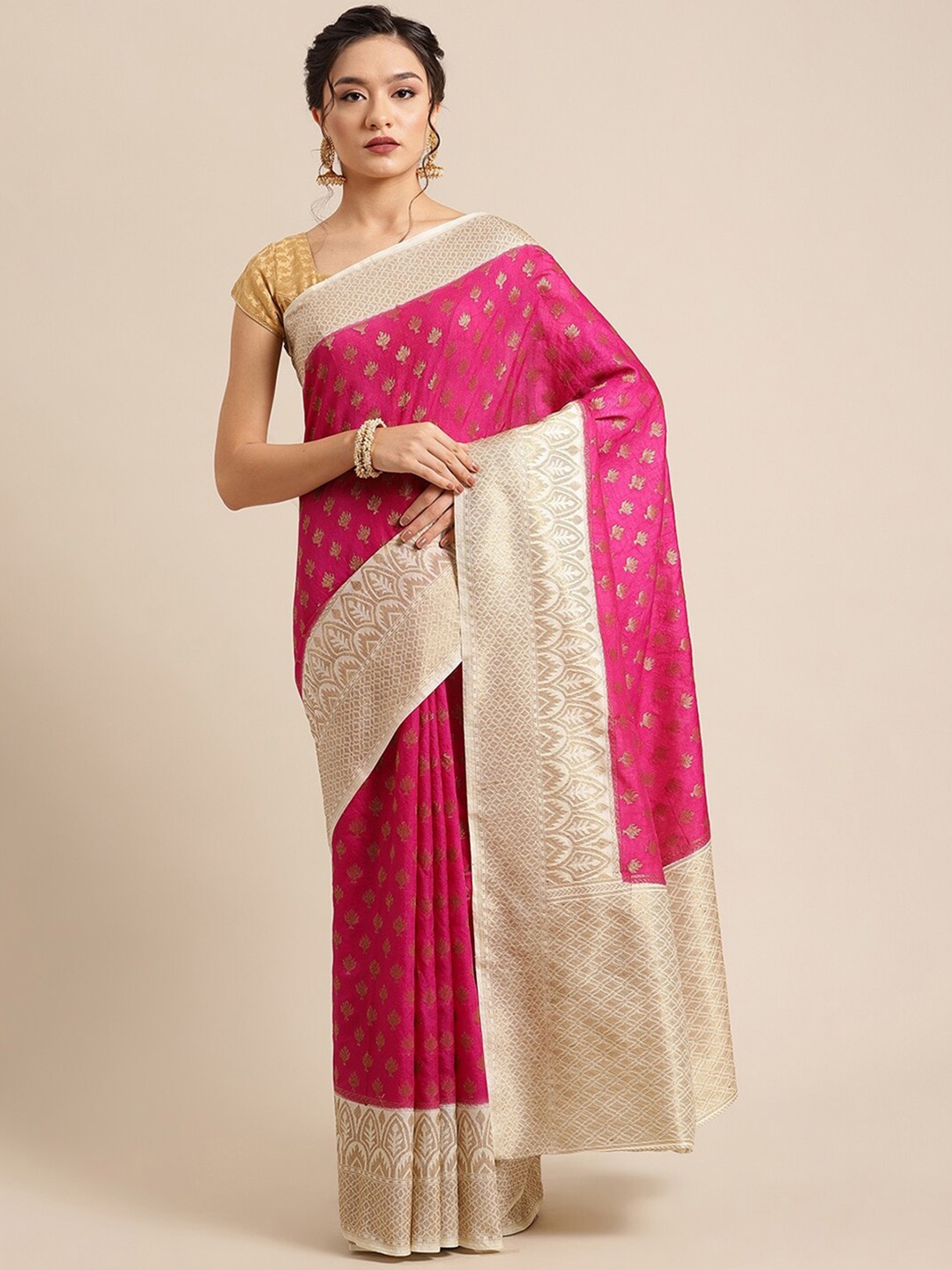 

PTIEPL Banarasi Silk Works Floral Zari Banarasi Saree, Magenta
