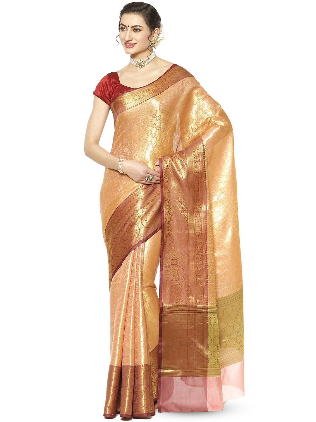 

PTIEPL Banarasi Silk Works Floral Zari Kanjeevaram Saree, Brown