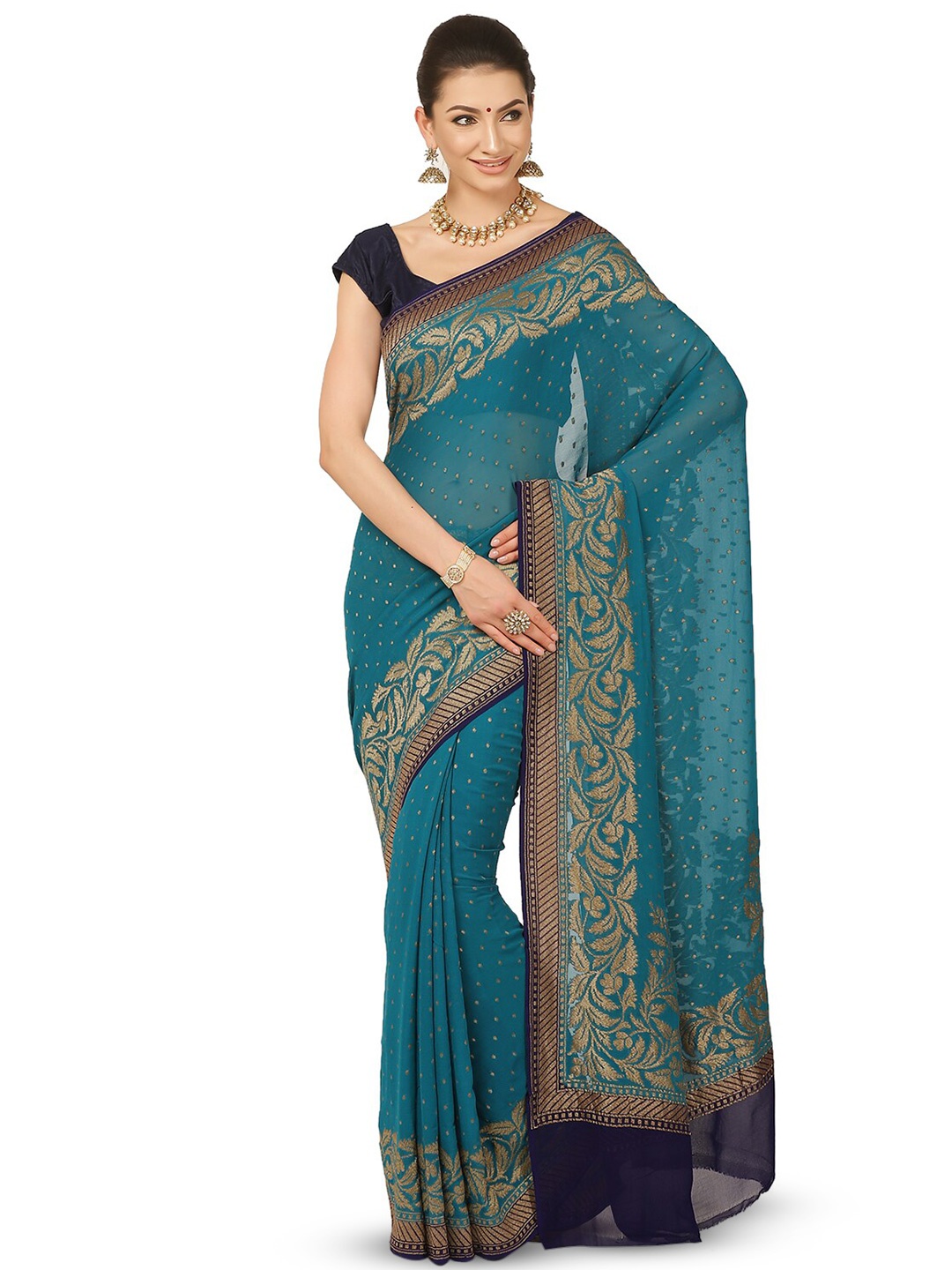 

PTIEPL Banarasi Silk Works Floral Zari Pure Georgette Banarasi Saree, Green
