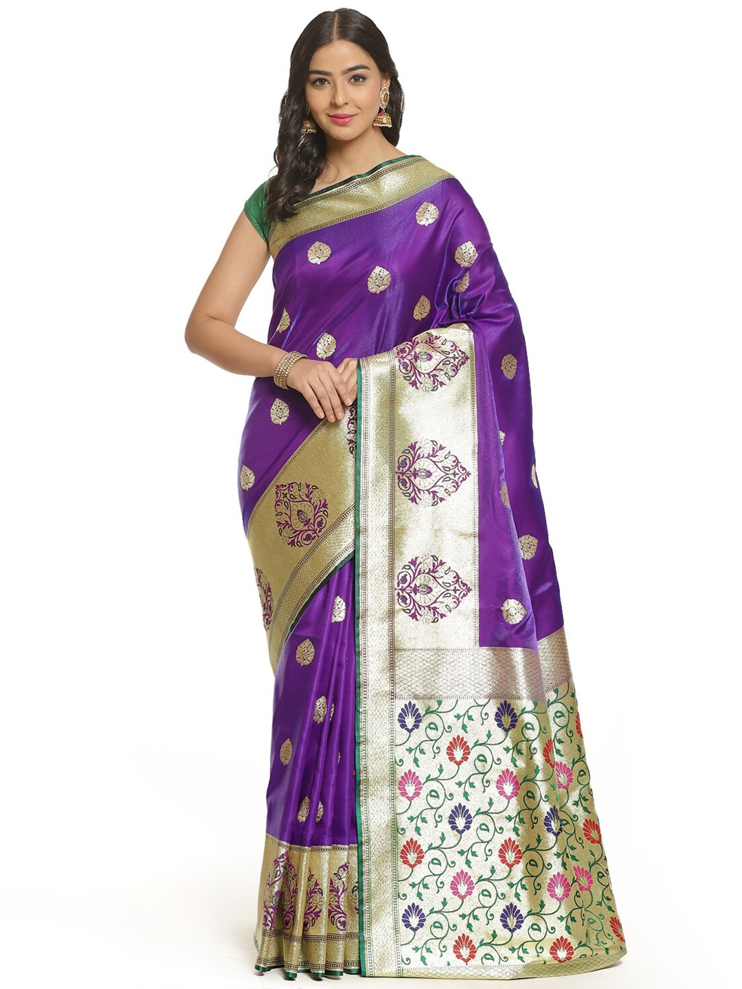 PTIEPL Banarasi Silk Works Floral Zari Satin Banarasi Saree, Purple