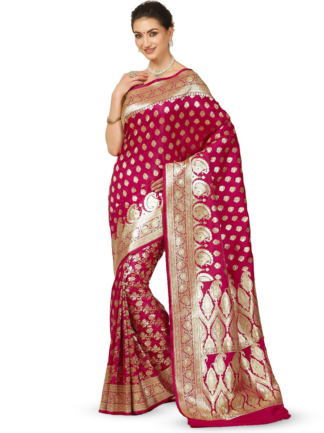 

PTIEPL Banarasi Silk Works Floral Zari Satin Banarasi Saree, Pink