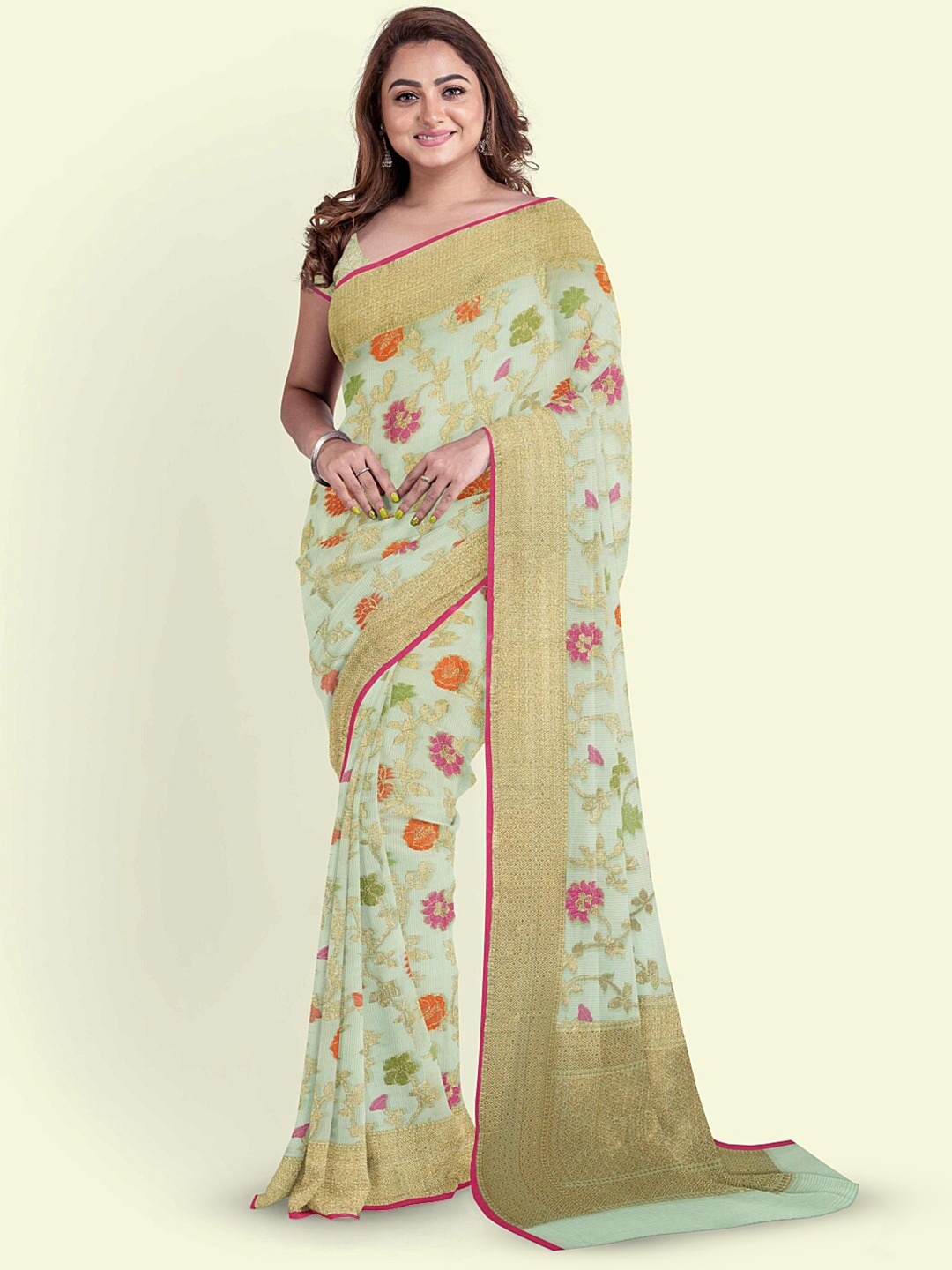 PTIEPL Banarasi Silk Works Floral Zari Banarasi Saree, Orange
