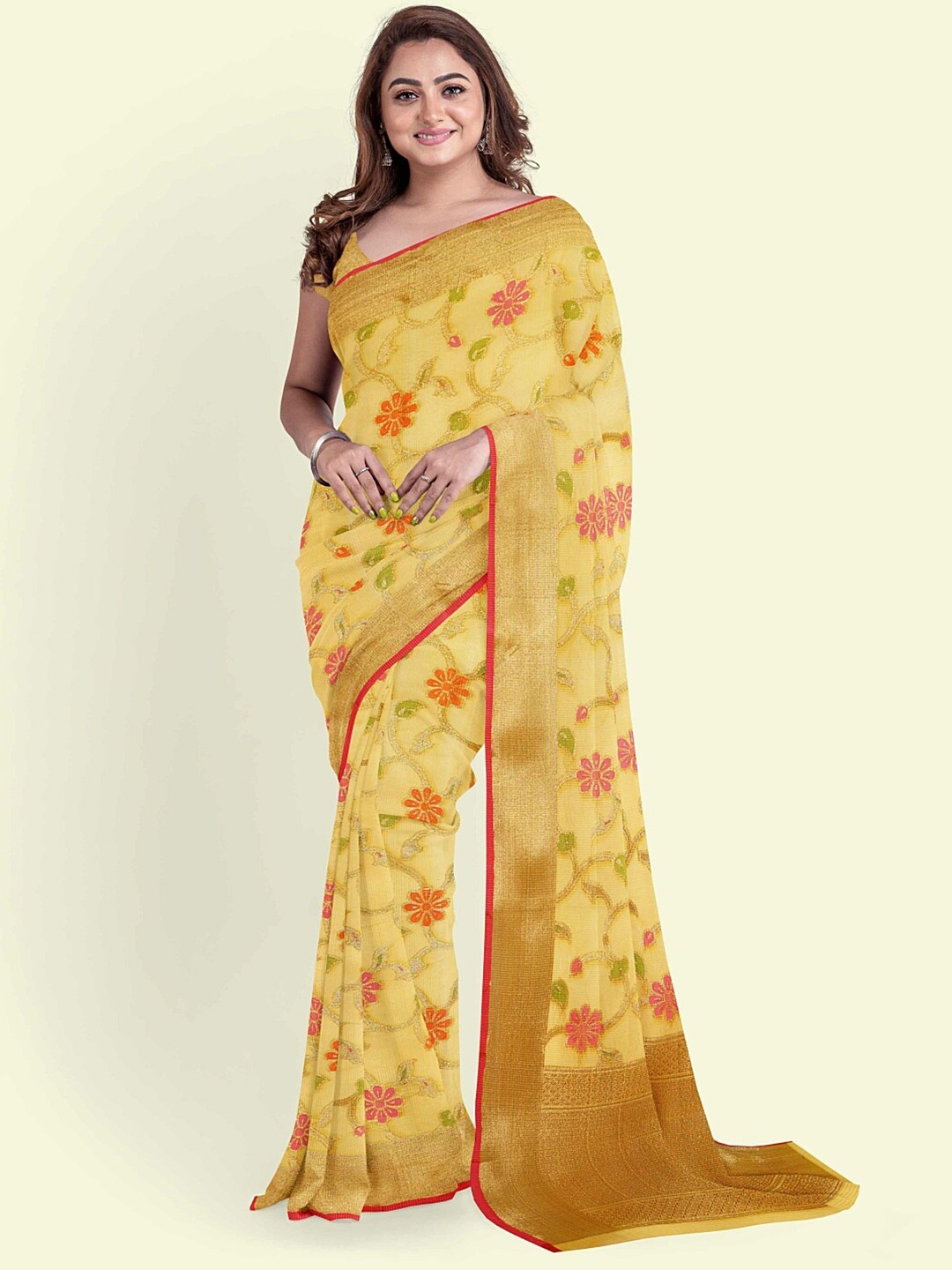 PTIEPL Banarasi Silk Works Floral Zari Banarasi Saree, Gold