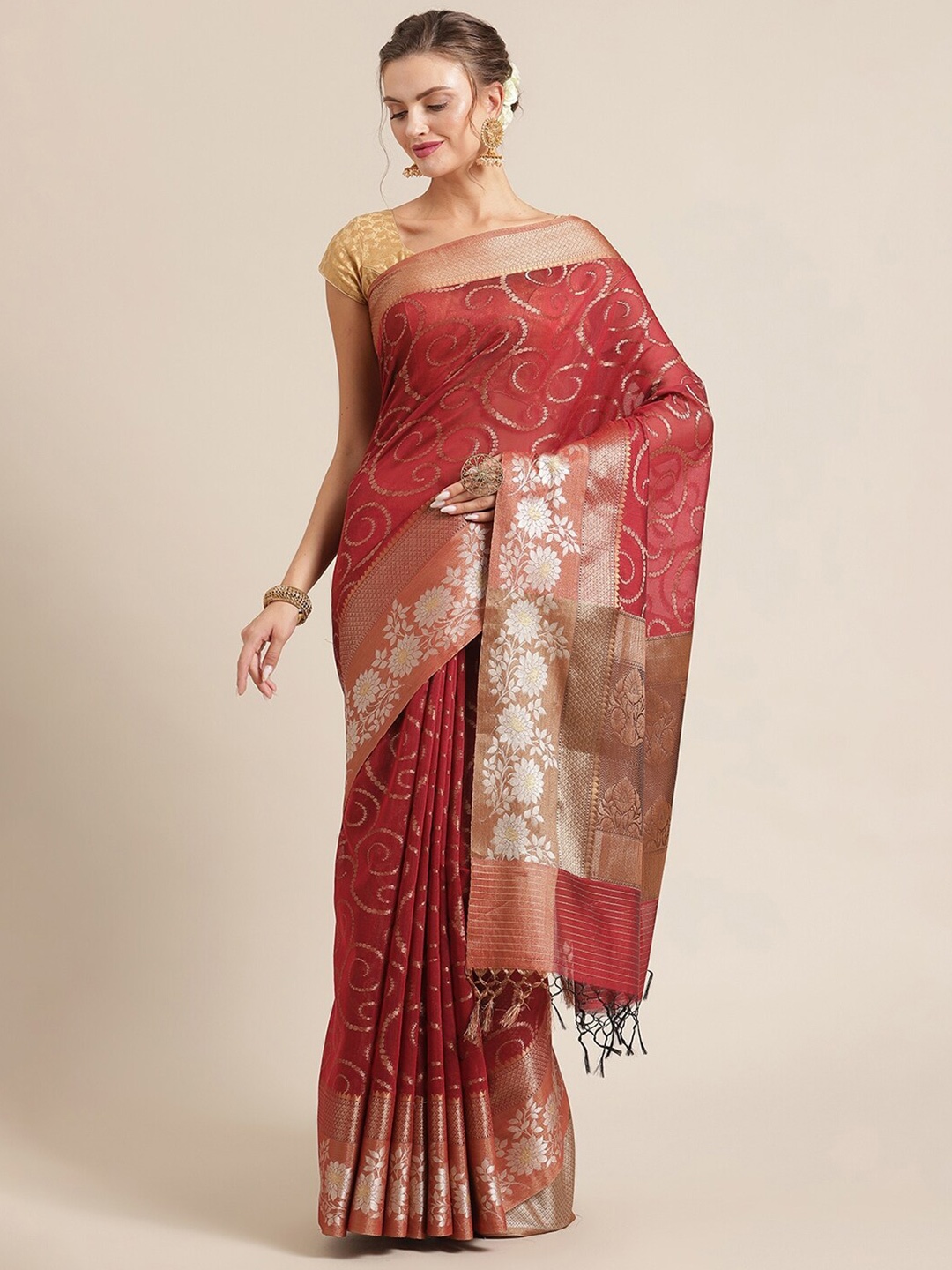 PTIEPL Banarasi Silk Works Floral Zari Banarasi Saree, Red