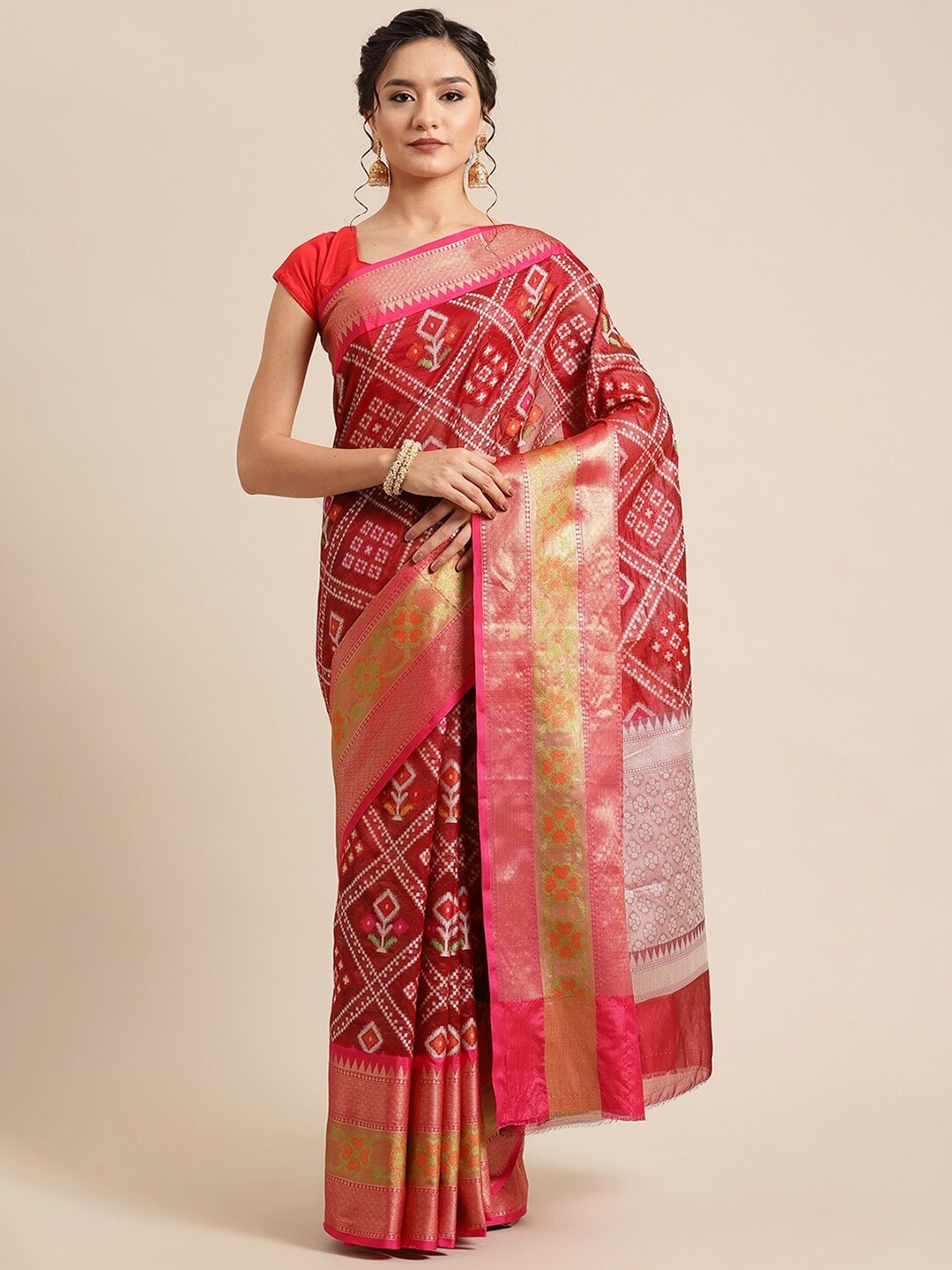 

PTIEPL Banarasi Silk Works Maroon & Green Woven Design Zari Ikat Saree