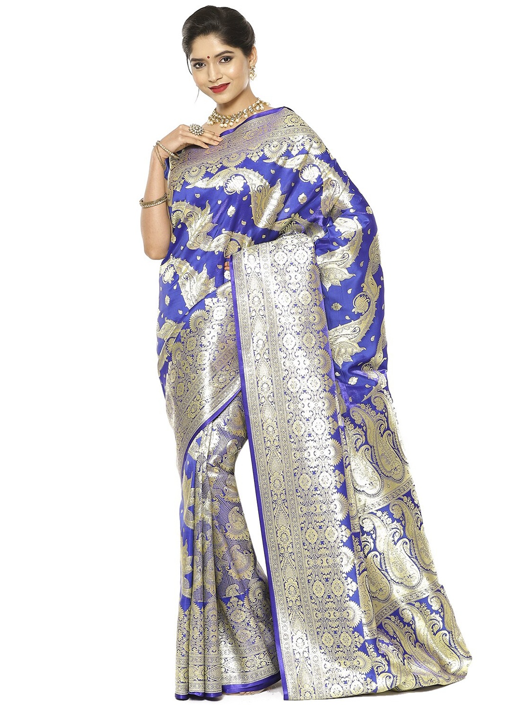 

PTIEPL Banarasi Silk Works Ethnic Motifs Zari Satin Banarasi Saree, Blue