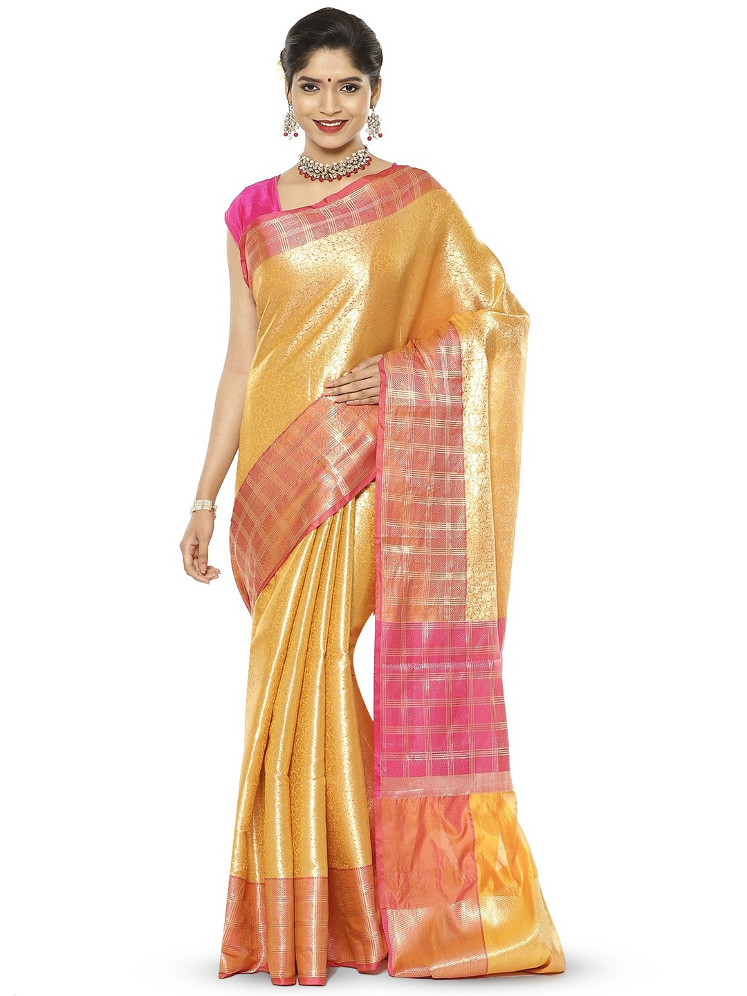 PTIEPL Banarasi Silk Works Floral Zari Kanjeevaram Saree, Gold