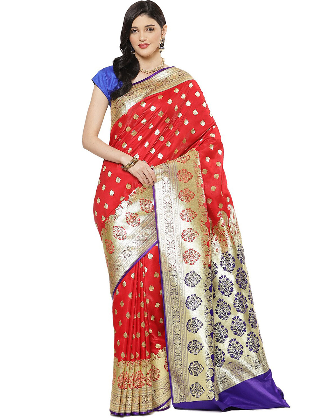 

PTIEPL Banarasi Silk Works Floral Zari Satin Banarasi Saree, Red