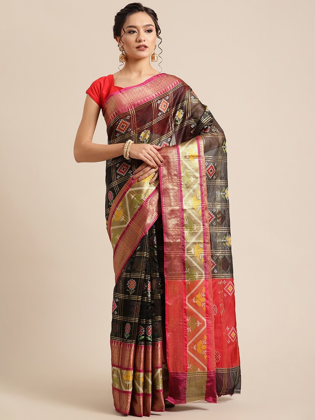 

PTIEPL Banarasi Silk Works Floral Zari Ikat Saree, Black