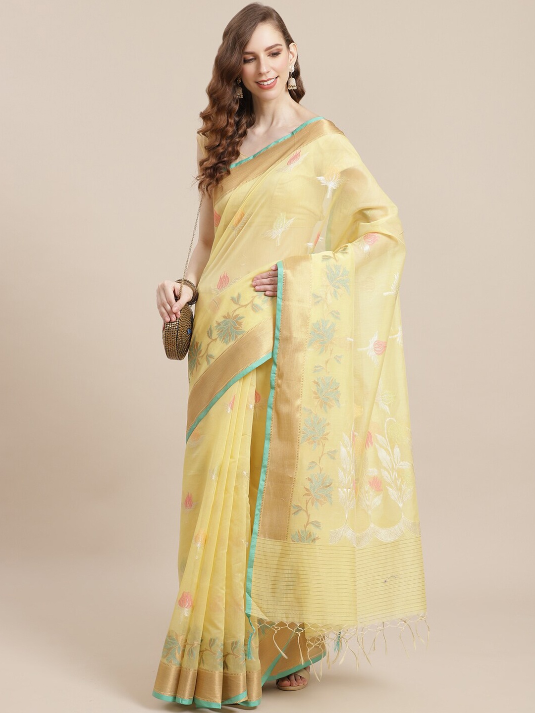 

PTIEPL Banarasi Silk Works Floral Zari Banarasi Saree, Yellow