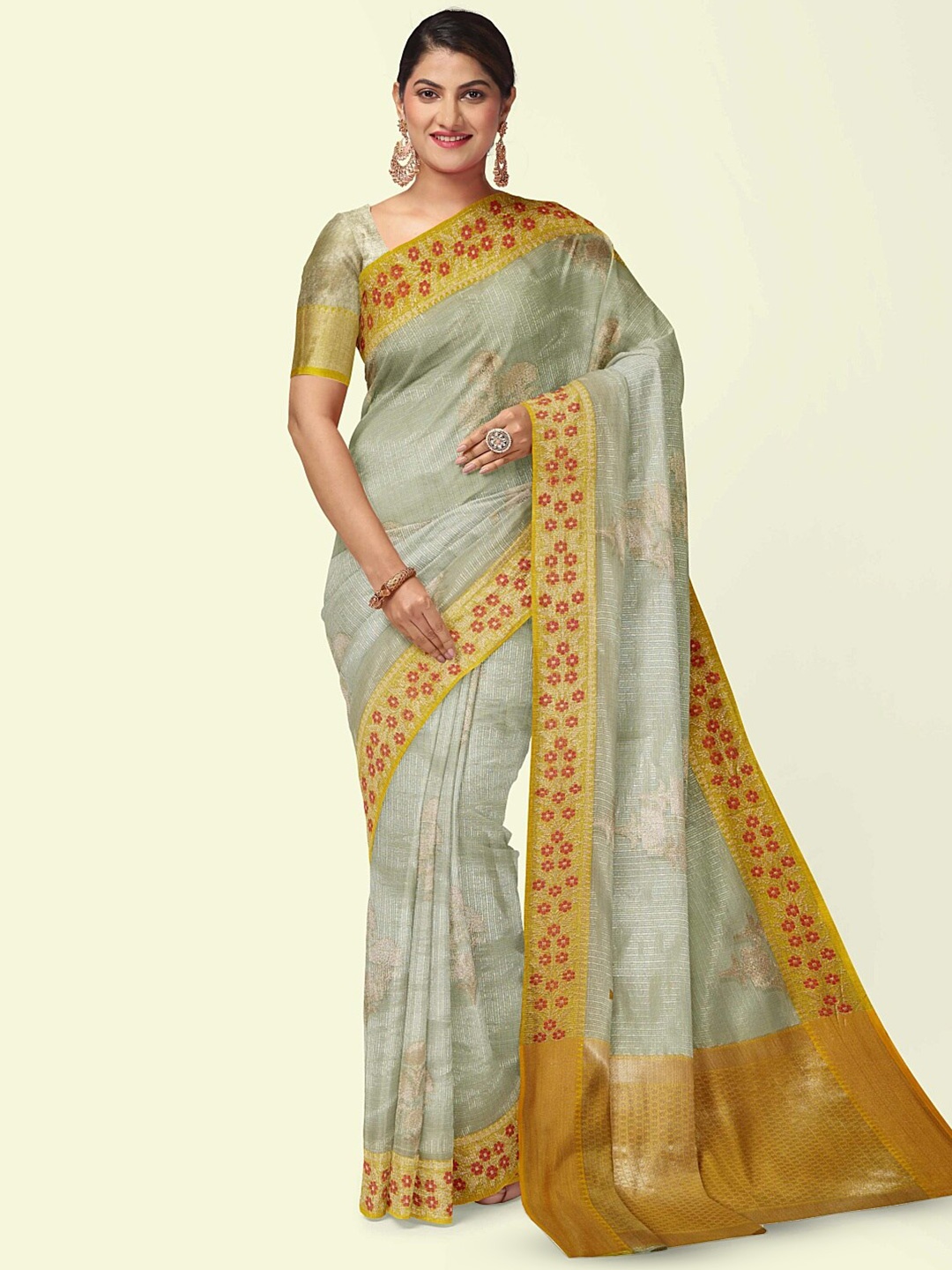 PTIEPL Banarasi Silk Works Floral Zari Banarasi Saree, Sea green
