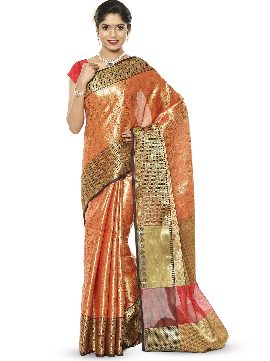 

PTIEPL Banarasi Silk Works Floral Zari Kanjeevaram Saree, Red