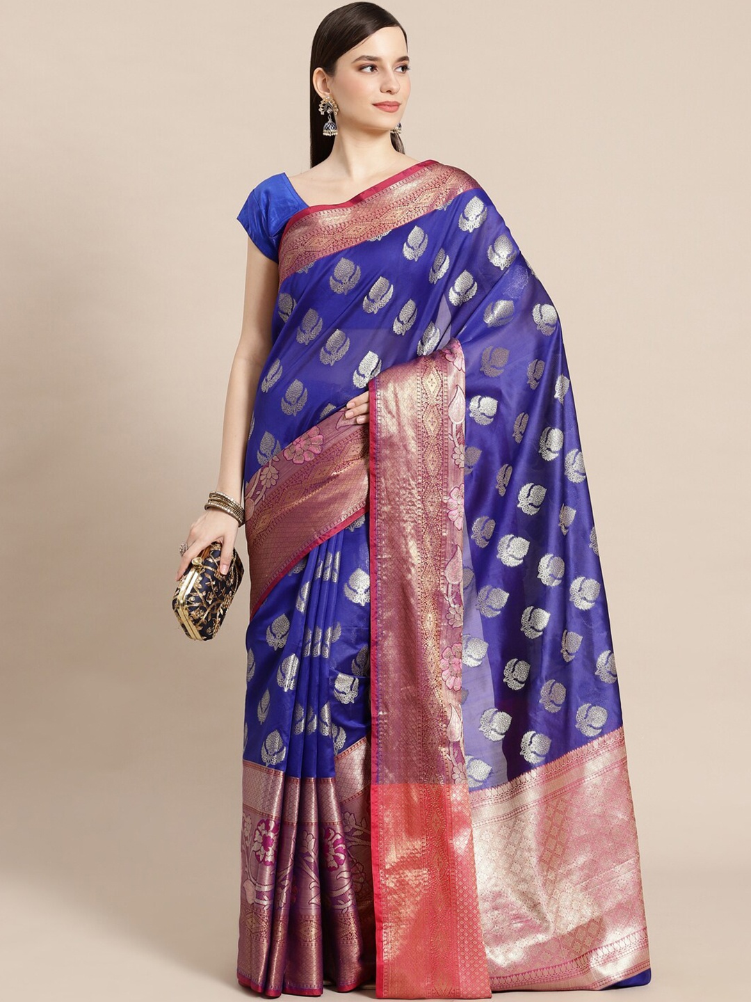 

PTIEPL Banarasi Silk Works Floral Zari Ikat Saree, Blue