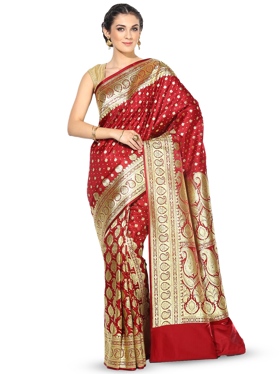 

PTIEPL Banarasi Silk Works Floral Zari Satin Banarasi Saree, Maroon