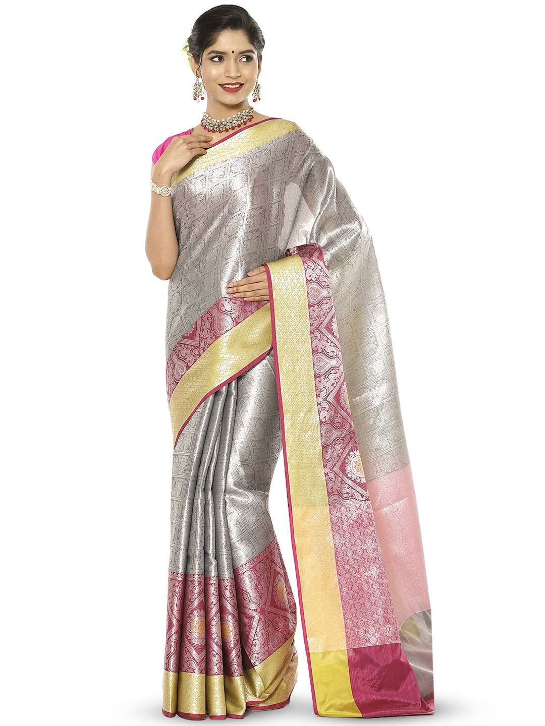 

PTIEPL Banarasi Silk Works Floral Zari Kanjeevaram Saree, Grey