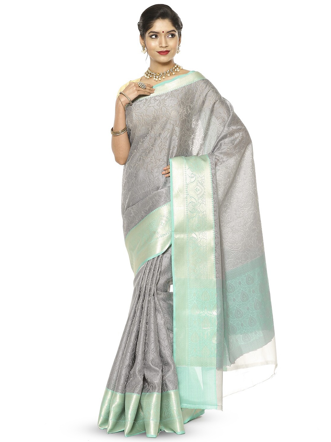 PTIEPL Banarasi Silk Works Floral Zari Banarasi Saree, Grey