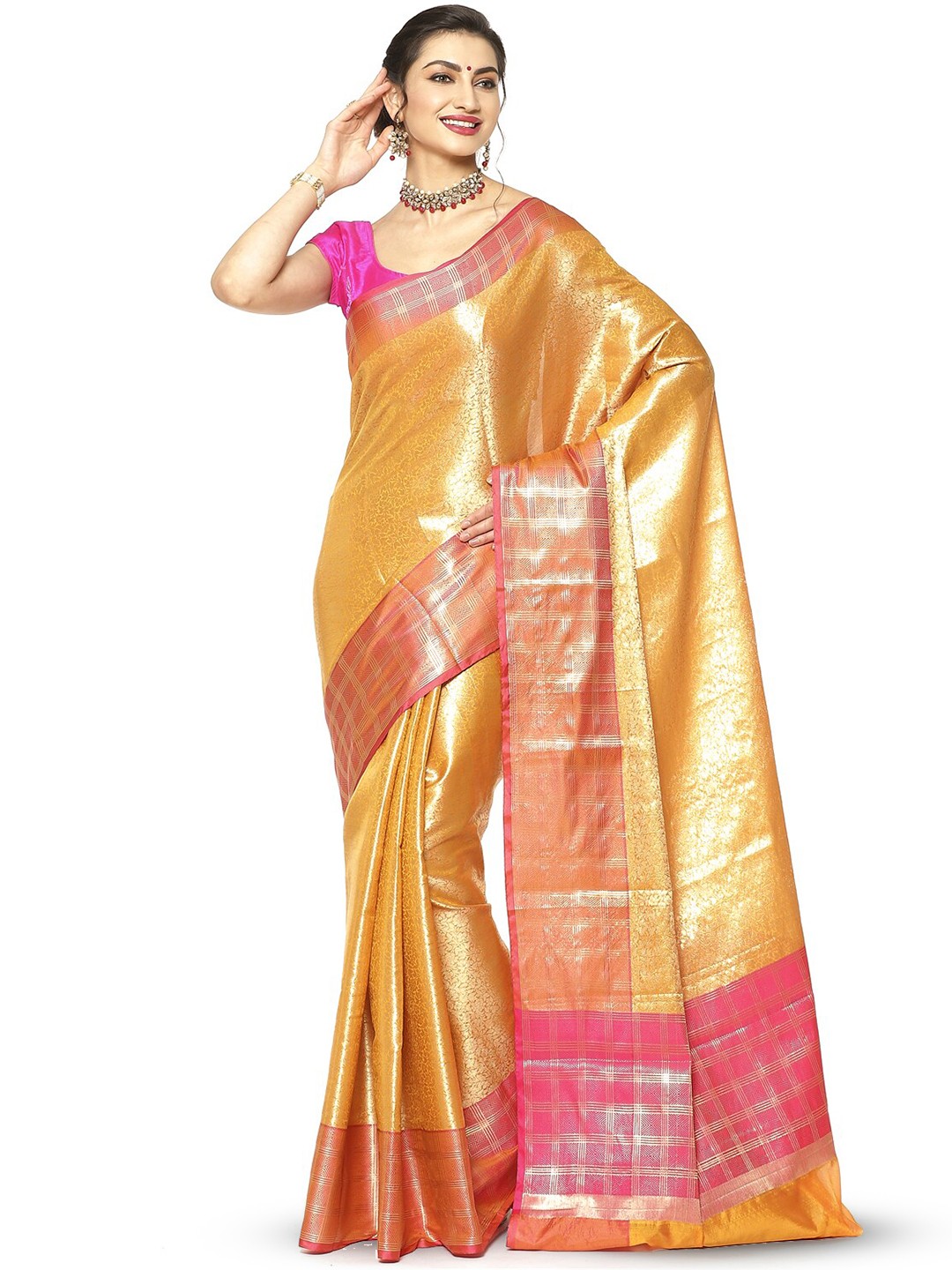 

PTIEPL Banarasi Silk Works Floral Zari Kanjeevaram Saree, Gold