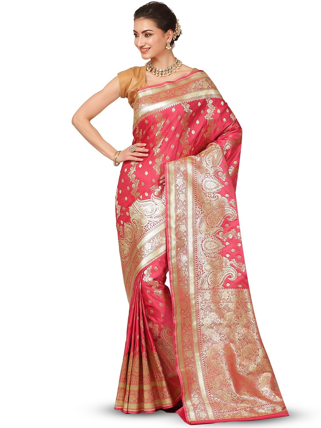

PTIEPL Banarasi Silk Works Floral Zari Banarasi Saree, Pink