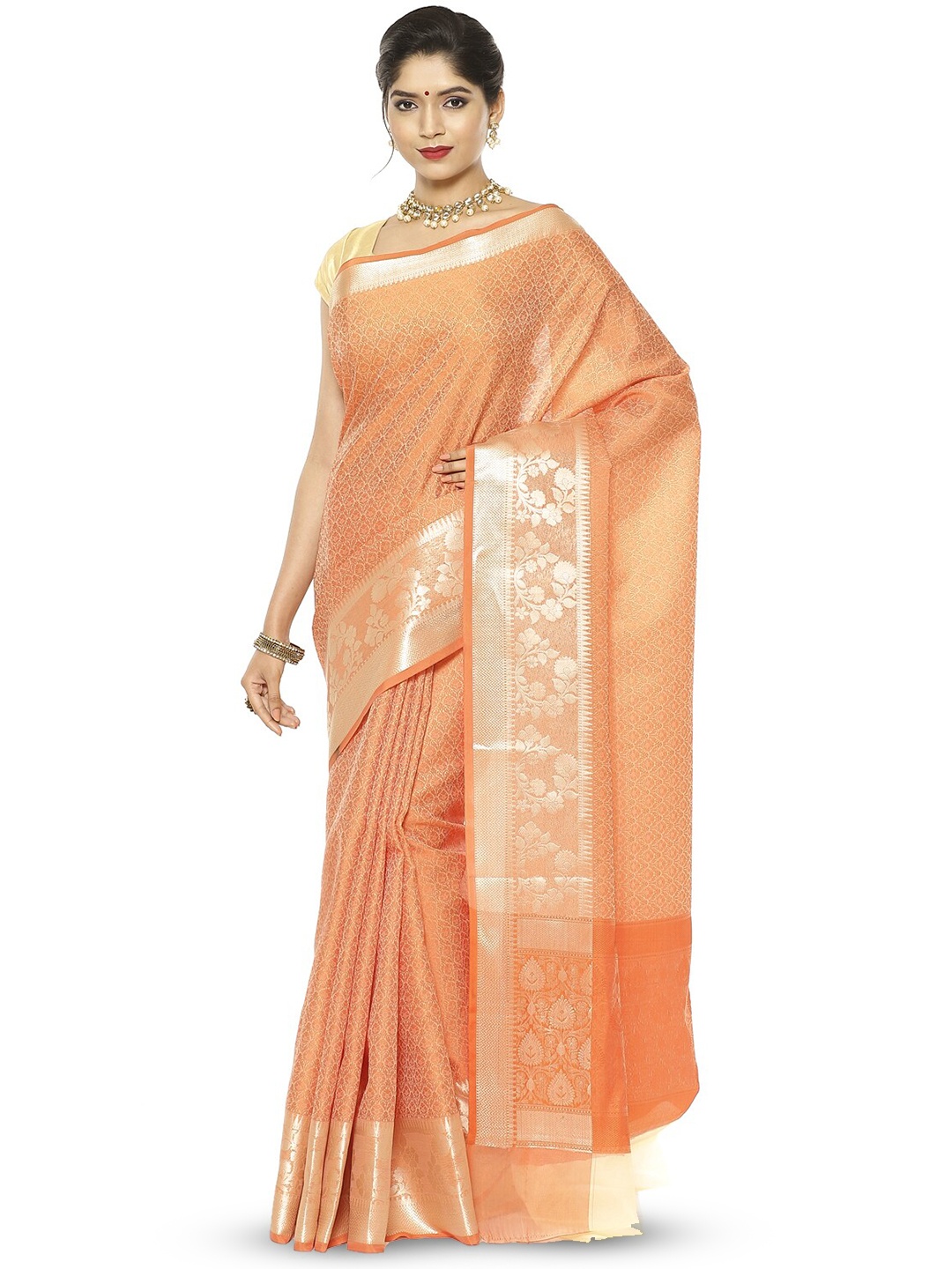 

PTIEPL Banarasi Silk Works Floral Zari Banarasi Saree, Orange